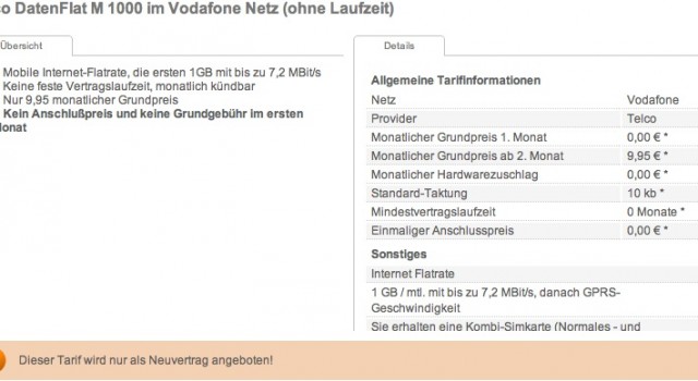 Man erhält mal wieder einen Monat kostenlos Internet (1 GB), nun jedoch über den Verkäufer handyflash.de. Der Anbieter ist Telco (Drillisch Telecom) und nutzt bei diesem Tarif das Vodafone-Netz.